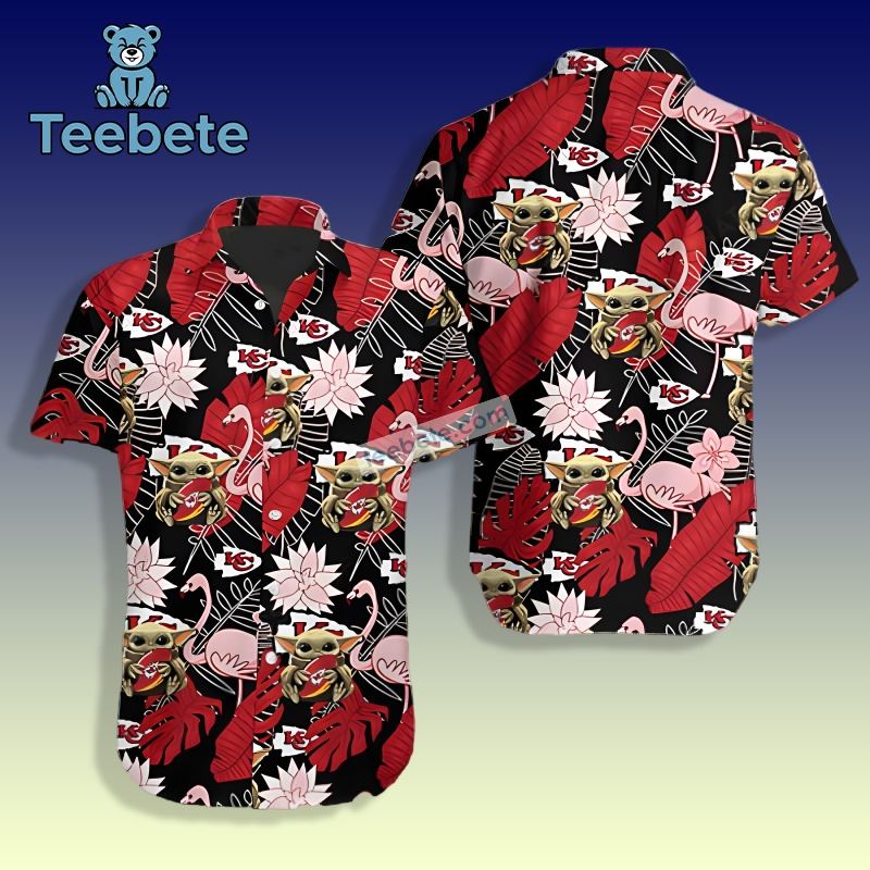 Baby Yoda And Flamingo Kansas City Chiefs Red Black Retro Hawaiian Shirts