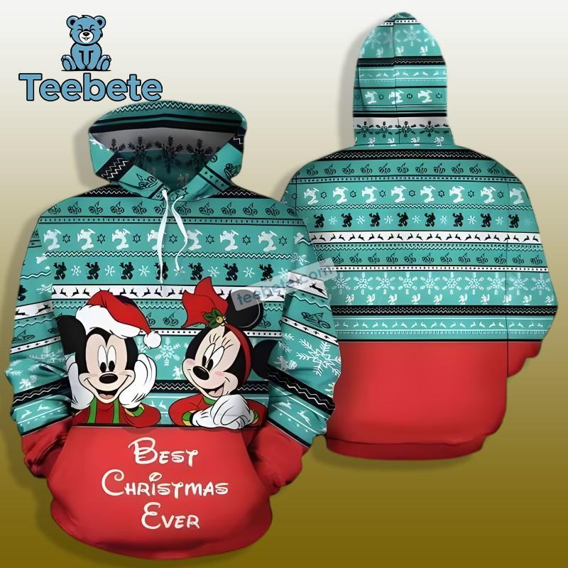 Best Christmas Ever Mickey And Minnie Mouse Ugly 3D Zip Up Hoodie Green