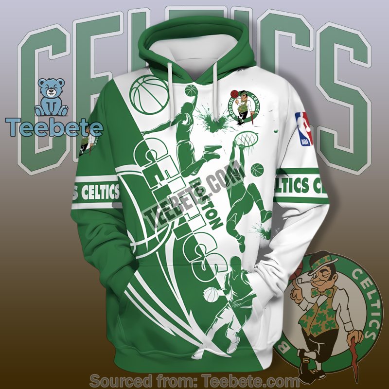 Boston Celtics Basketball Action Silhouette 3D Hoodie Green White Fan