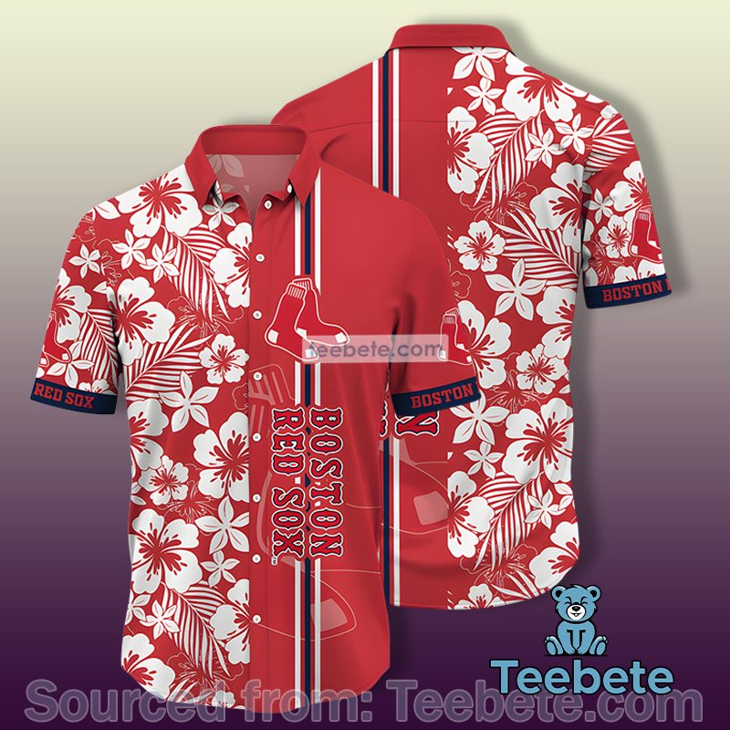 Boston Red Sox Mlb Tropical Hibiscus Flower Red Hawaiian Button Up