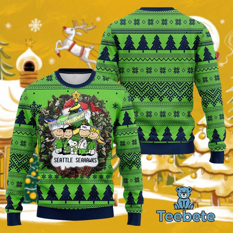 Seattle Seahawks Charlie Brown Woodstock Snoopy Christmas Ugly Sweater Big And Tall Mens