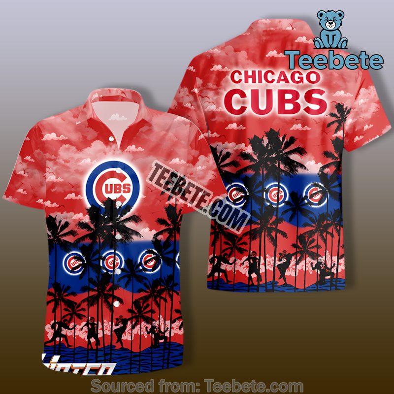 Coconut Tree Blue Red Chicago Cubs Hawaiian Button Down