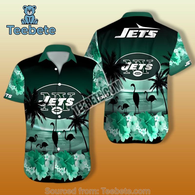 Custom Name New York Jets Sunset Flamingo Green Tropical Aloha Print Shirt