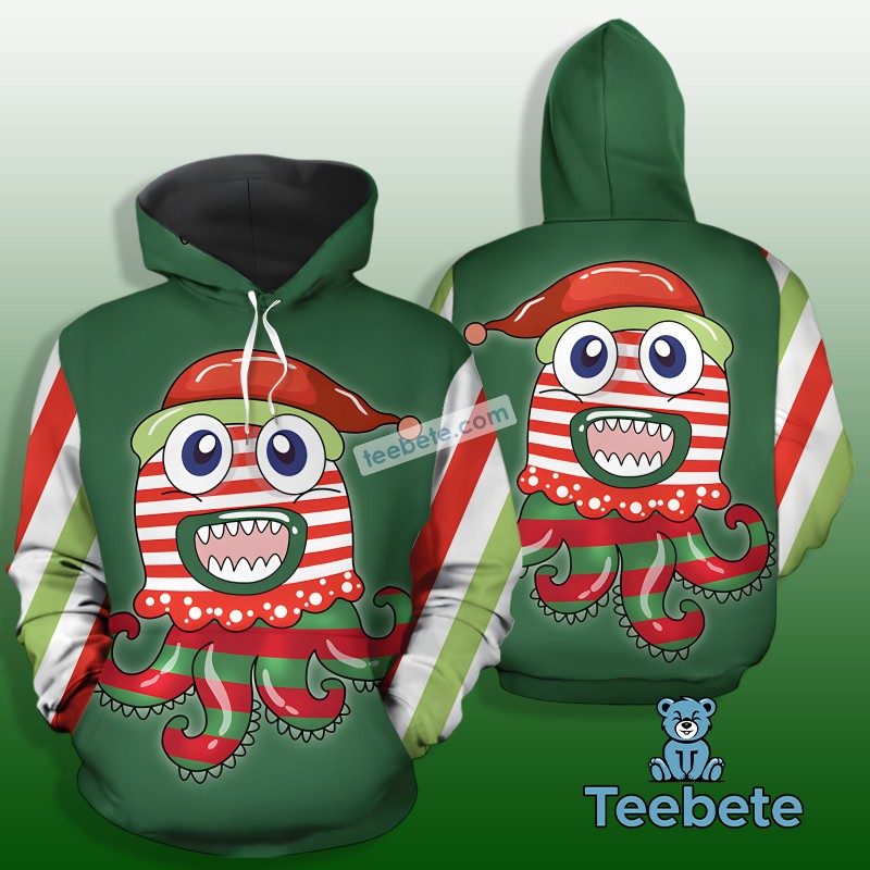 Cute Octopus With Santa Claus Hat 3D Hoodie Green Design