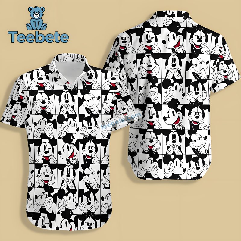 Disney Mickey Mouse Pose For Photos White Stretchy Hawaiian Shirts