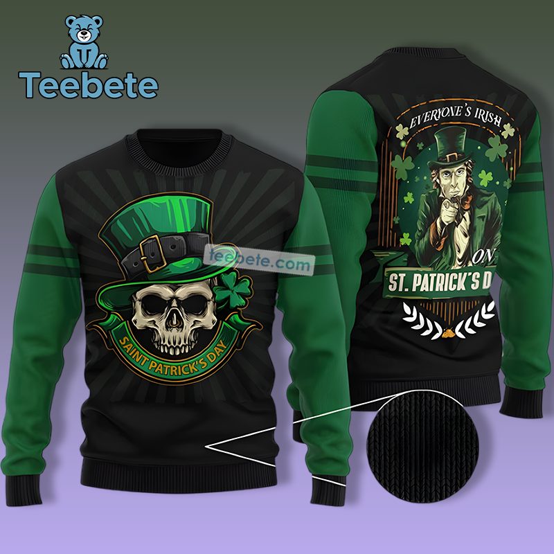 Everyone Irish On Sant Patrick Day With Skull Ugly Christmas Sweater Green Mens