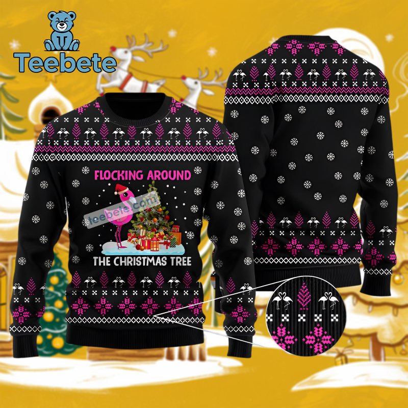 Flocking Around The Tree Funny Flamingo Ugly Christmas Sweater