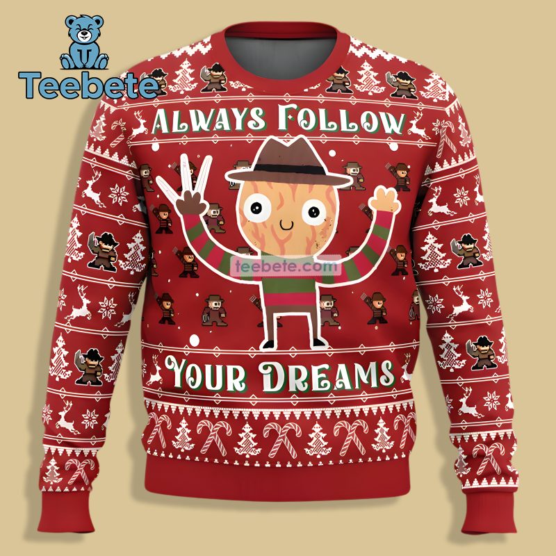 Freddy Krueger Always Follow Your Dreams Ugly Christmas Sweaters Red Couples