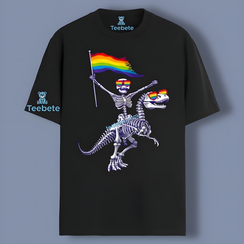 Funny Halloween Skeleton Riding T Rex With Lgbt Flag Shirt