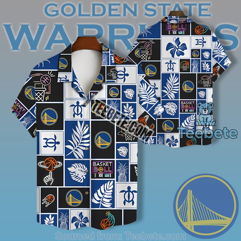 Golden State Warriors Blue Black Grid Hibiscus Leaf Turtle Hawaiian Button Down