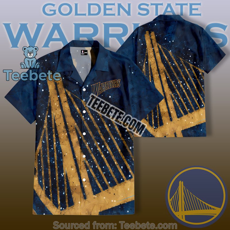 Golden State Warriors Navy Gold Bridge Abstract Texture Cheap Hawaiian Shirts