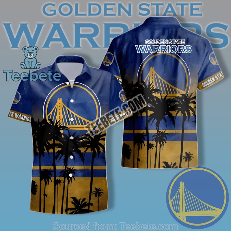 Golden State Warriors Navy Palm Tree Sunset Grunge Texture Unisex Hawaiian Shirts
