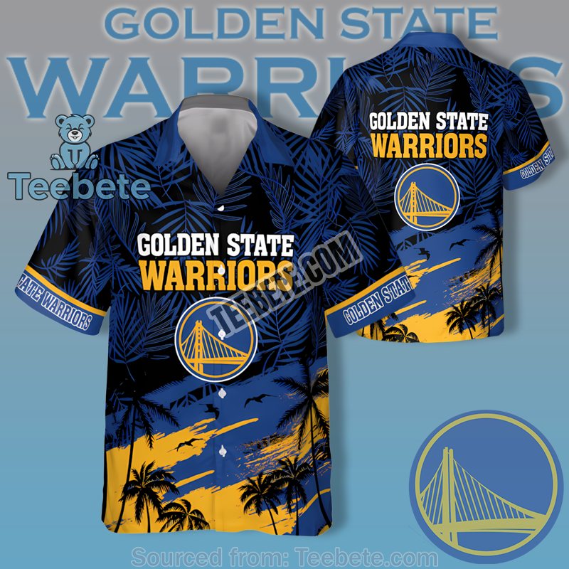 Golden State Warriors Navy Palm Tree Sunset Seagull Tropical Hawaiian Button Up