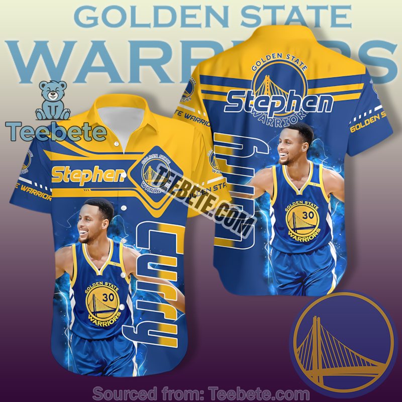 Golden State Warriors Stephen Curry Yellow Blue Action Pose Best Hawaiian Shirts