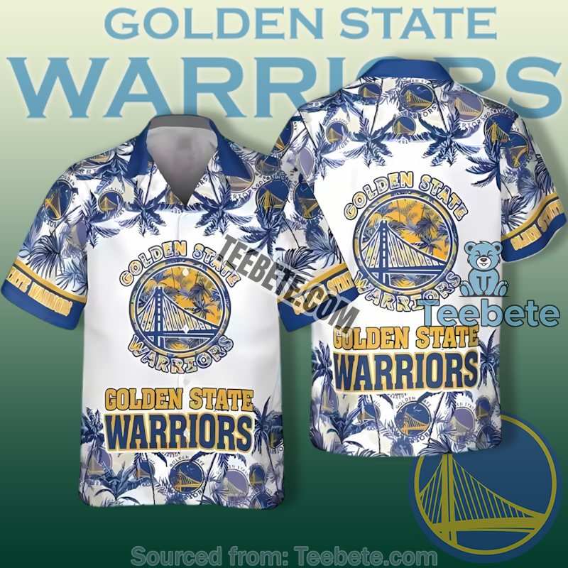 Golden State Warriors White Blue Tropical Palm Tree Hawaiian Button Up Shirt