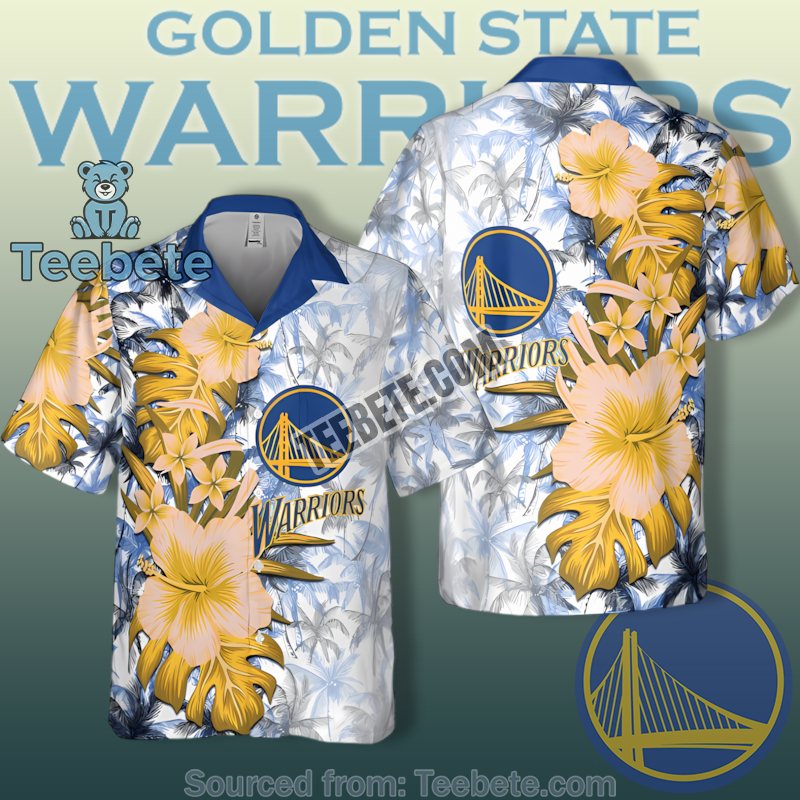 Golden State Warriors White Tropical Hibiscus Monstera Palm Flower Unisex Hawaiian Shirts