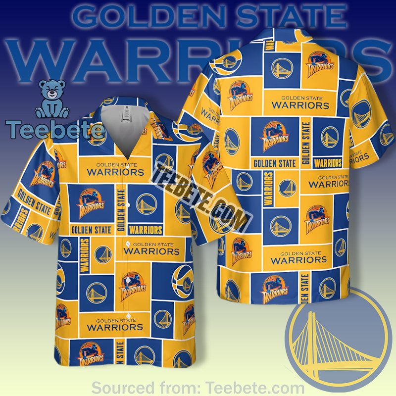 Golden State Warriors Yellow Logo Grid Block Pattern Funky Hawaiian Shirts