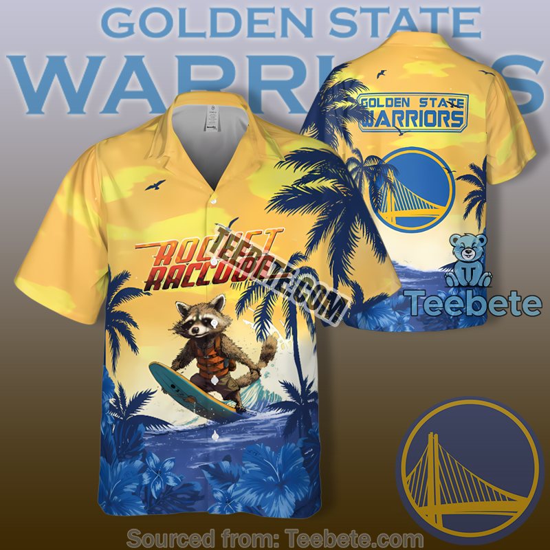 Golden State Warriors Yellow Rocket Raccoon Coconut Tree Ocean Retro Hawaiian Shirts