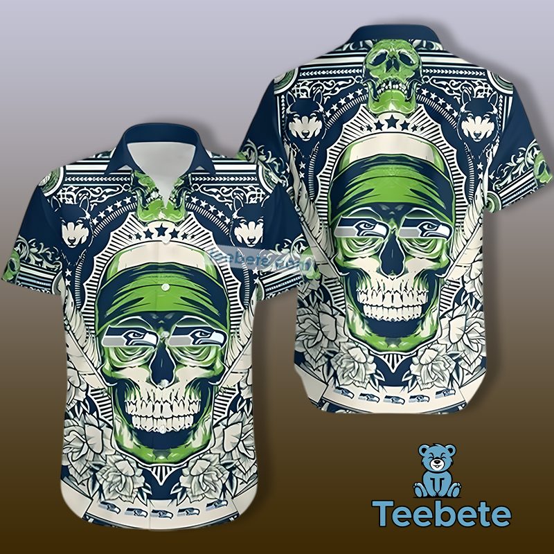 Green Skull With Seattle Seahawks Eyes Hawaiian Button Up