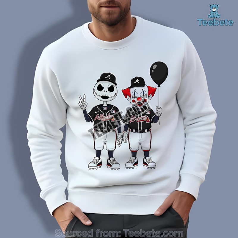 Halloween Atlanta Braves Jack Skellington And Pennywise Graphic Sweatshirt Halloween Atlanta Braves Jack Skellington And Pennywise Graphic Sweatshirt