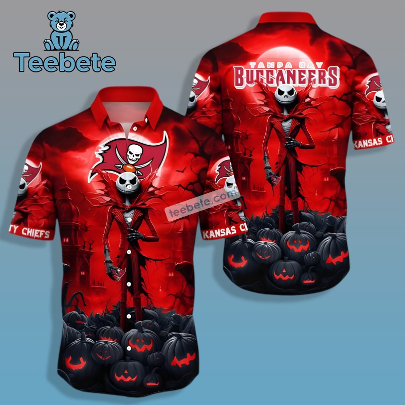 Halloween Tampa Bay Buccaneers Jack Skellington Red Hawaiian Button Up