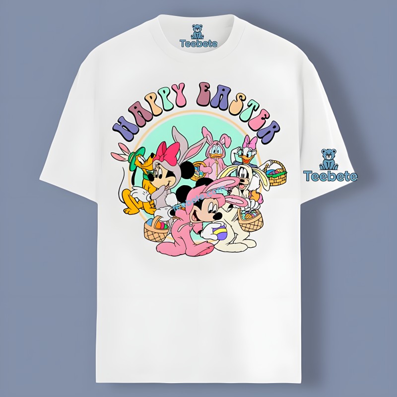 Happy Easter With Mickey Minnie Hold Eggs Basket Shirt Design