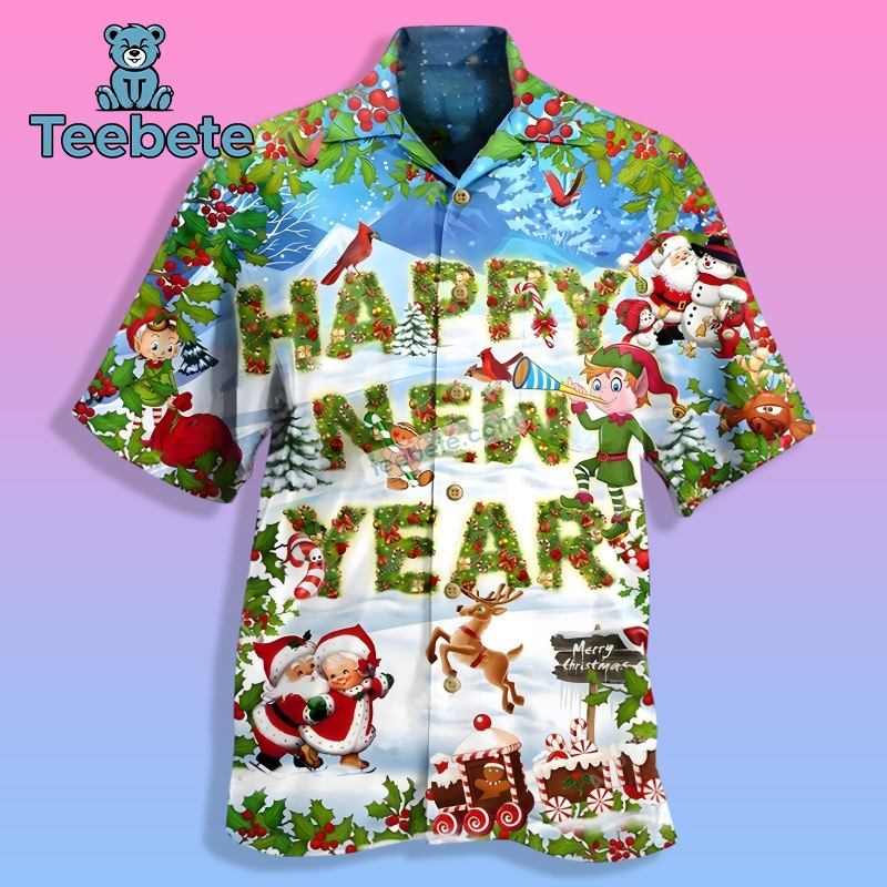 Happy New Year Santa Claus Reindeer And Elf Green Silk Hawaiian Shirts