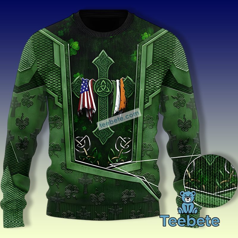 Happy St Patrick Day With Scarf Celtic Cross Ugly Christmas Sweater Green Best