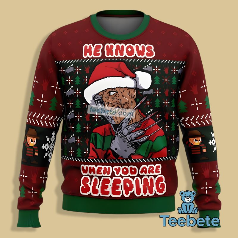 He Knows When You Are Sleeping Freddy Krueger Ugly Christmas Sweater Cheap Red