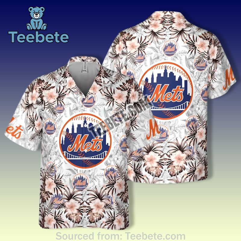 Hibiscus Palmp Tropical White Royal New York Mets Hawaiian Shirts