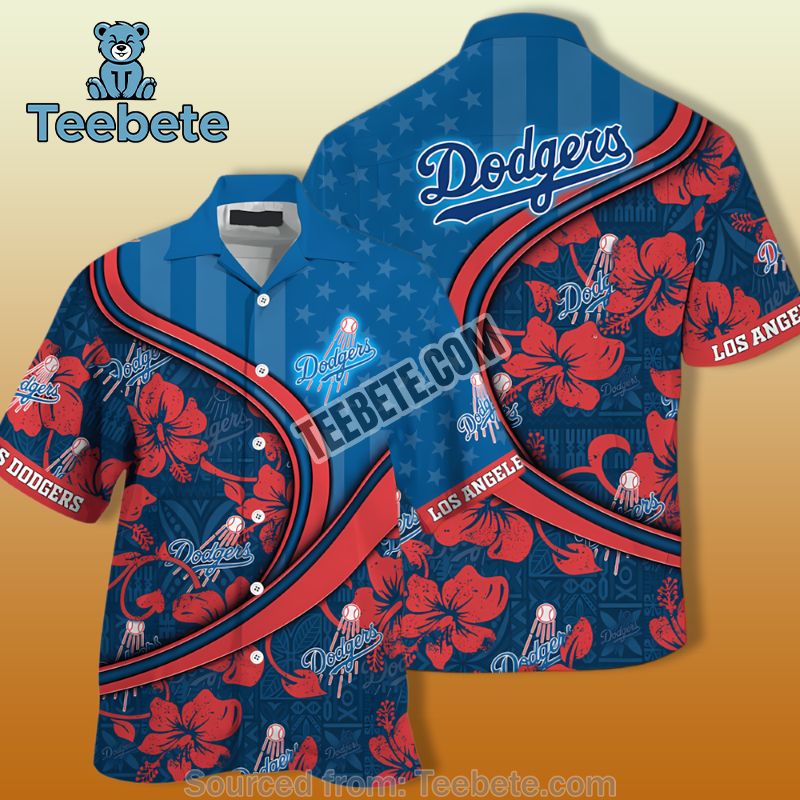 Hibiscus Red Blue Funky Los Angeles Dodgers Hawaiian Shirts