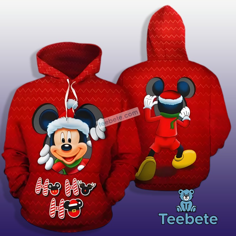 Ho Ho Ho Mickey Mouse Santa Claus 3D Hoodie Red Puff Print