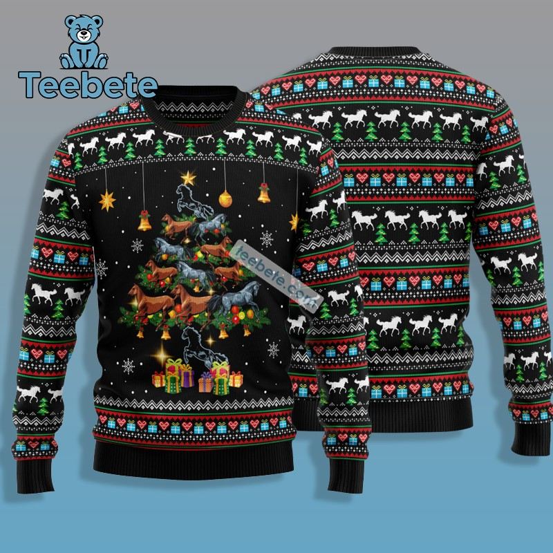 Horses Arranged Into A Christmas Tree Ugly Christmas Sweater Womens Sweatshirt