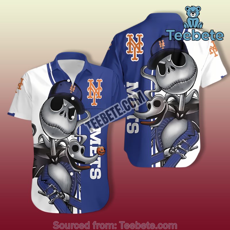 Jack Skellington Blue White New York Mets Hawaiian Button Up