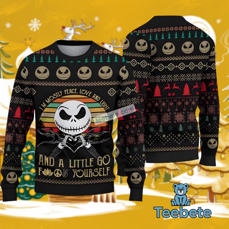 Jack Skellington Mostly Peace Love Light Ugly Christmas Sweater Cool Black