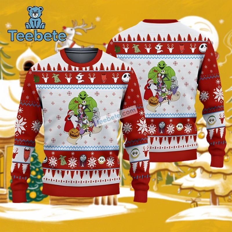 Jack Skellington Sally And Boogie Ugly Christmas Sweater Funny Adults Red White
