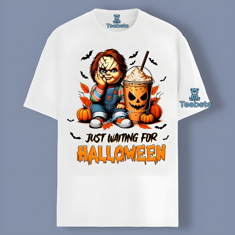 Just Waiting For Halloween Chuck Coffee Pumpkin Shirt Design