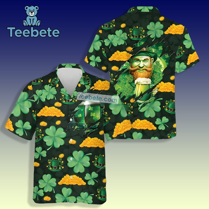 Leprechaun Beer Pot Of Gold Shamrock St Patrick Green Hawaiian Shirts