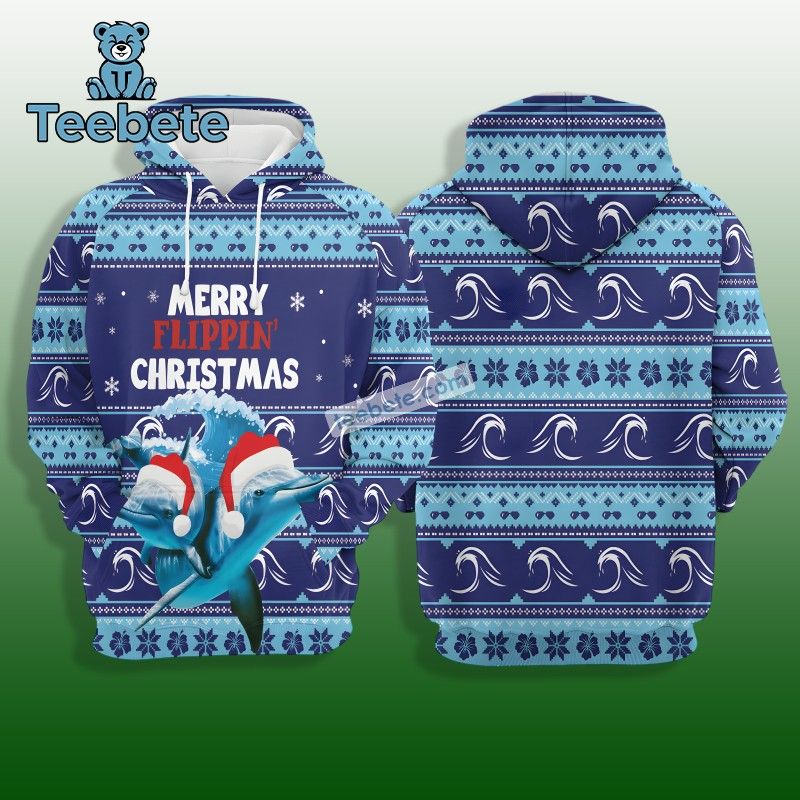 Merry Flippin Christmas Dolphin Claus 3D Hoodie Blue Pattern
