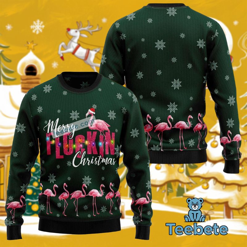 Merry Flockin Xmas Flamingo Ugly Christmas Sweater For Ladies