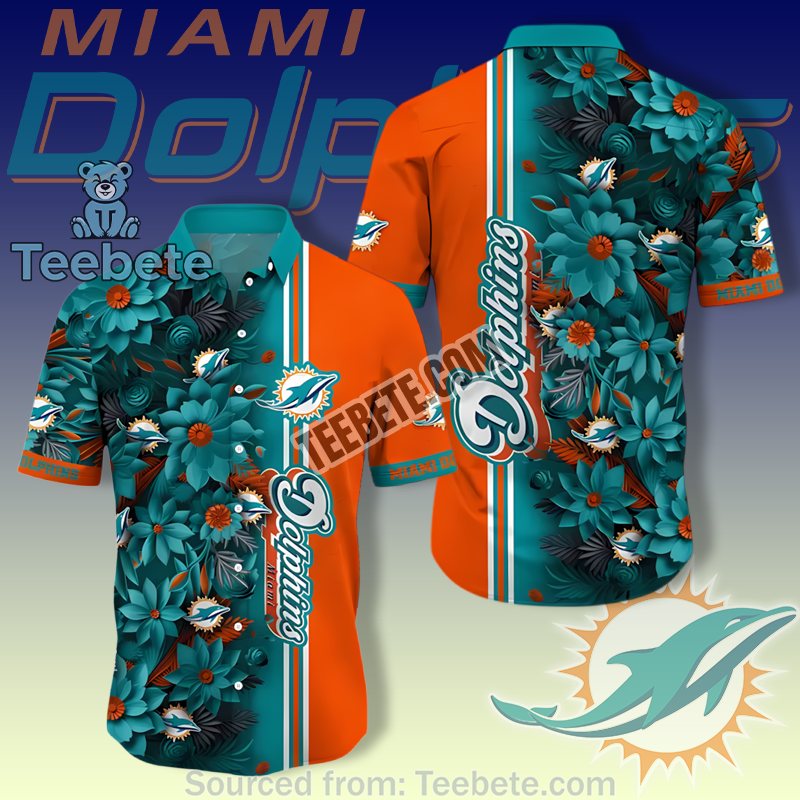 Miami Dolphins Aqua Teal Floral Hawaiian Button Up