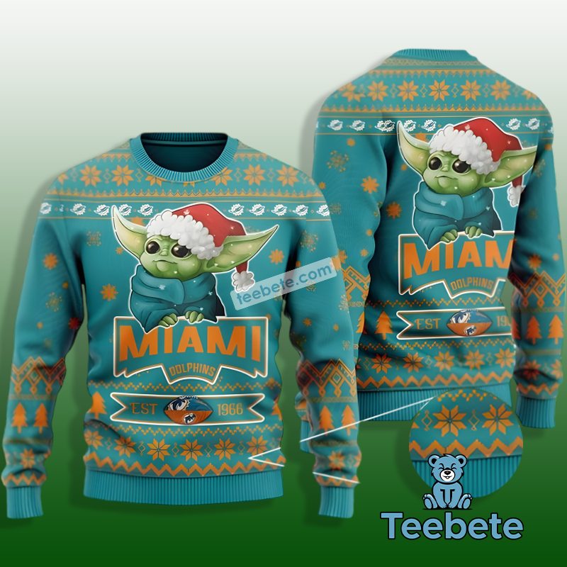 Miami Dolphins Baby Yoda Star Wars Ugly Christmas Sweatshirt Blue