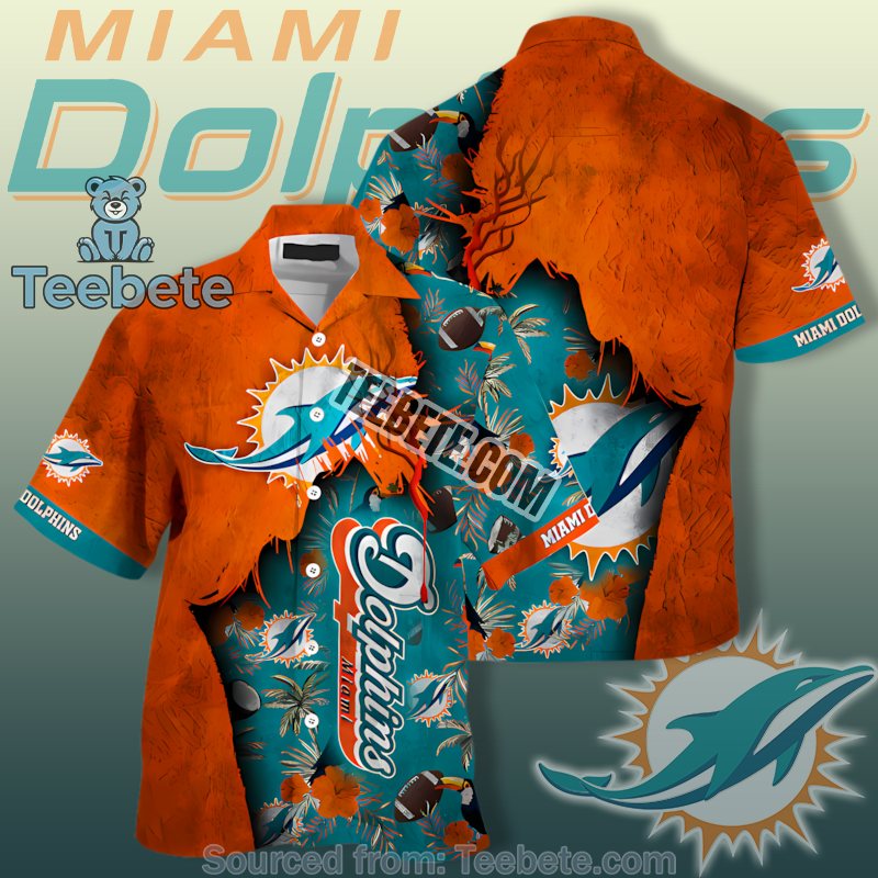 Miami Dolphins Orange Ripped Effect With Football Hibiscus Quality Hawaiian Shirts