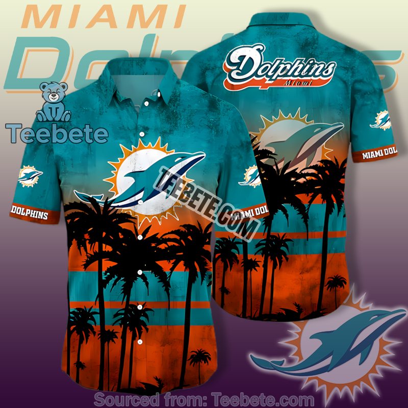 Miami Dolphins Teal And Orange Sunset Palm Tree Funky Hawaiian Shirts