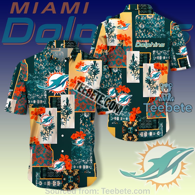 Miami Dolphins Teal Beige Patchwork Style Aloha Print Shirt