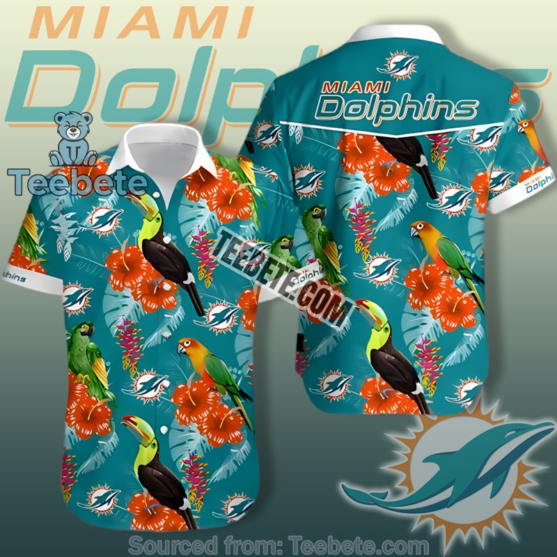 Miami Dolphins Teal Birds With Hibiscus Monstera Hawaiian Button Up Shirt