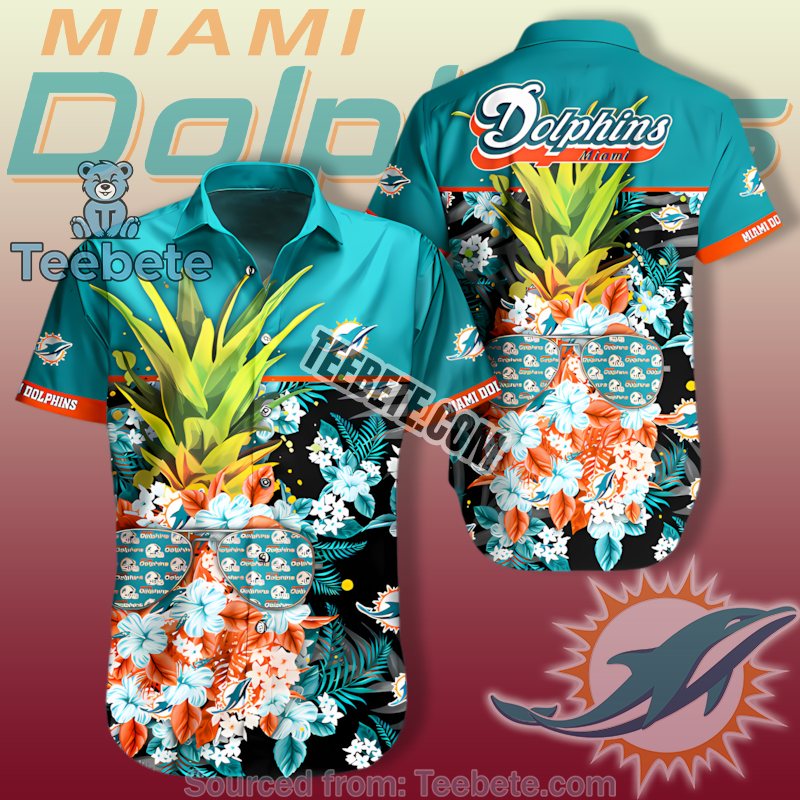 Miami Dolphins Teal Black Pineapple With Hibiscus Hawaiian Button Up Shirt