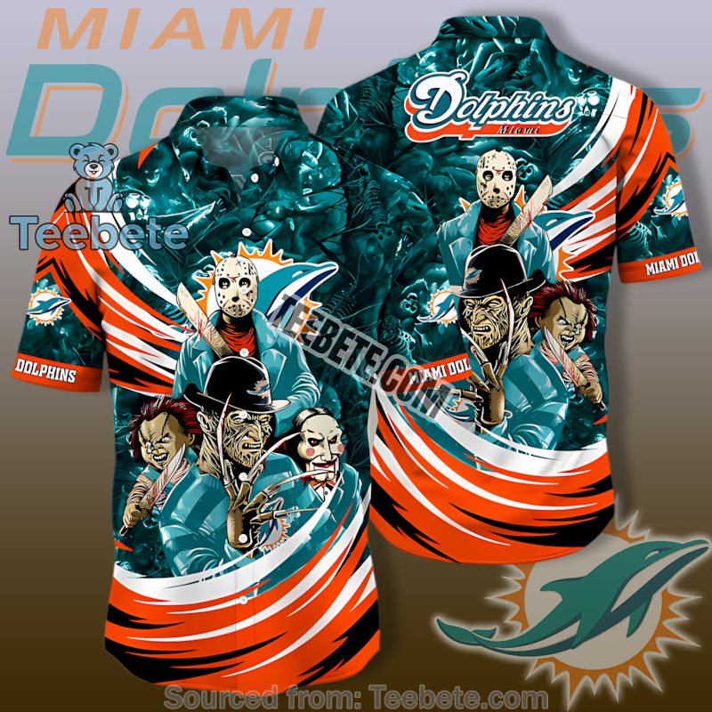 Miami Dolphins Teal Mascot Tiki Mask Hawaiian Button Up Shirt