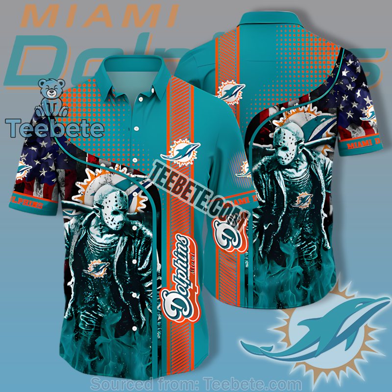 Miami Dolphins Teal Orange Jason With American Flag Printed Hawaiian Shirts