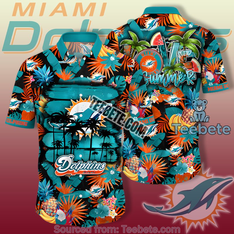 Miami Dolphins Teal Orange Pineapple Hibiscus Palm Leaves Funky Hawaiian Shirts